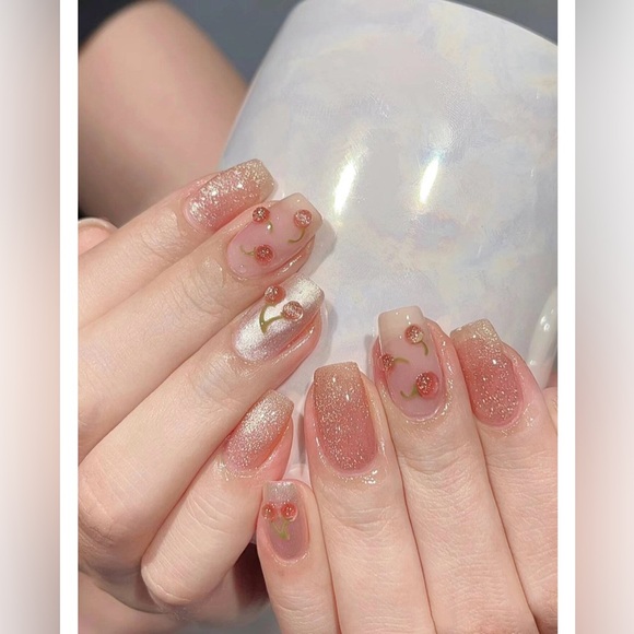 Medium Coffin Length Press On Nails Glitter Cherry 3d Accent Nails - Picture 1 of 4